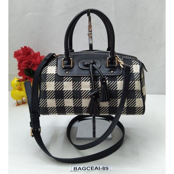 Dooney & Bourke Black White Checker Canvas Leather Trim Top Handle Satchel Bag - Picture 2 of 16